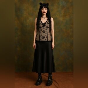 Y2K Dainty Black Lace Nude‎ Sleeveless Whimsigoth Fitted Top Size Medium